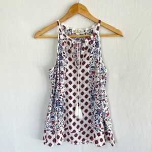 PINK ROSE Women's Medium Halter Neck Tassel Tie Red White & Blue Sleeveless Top